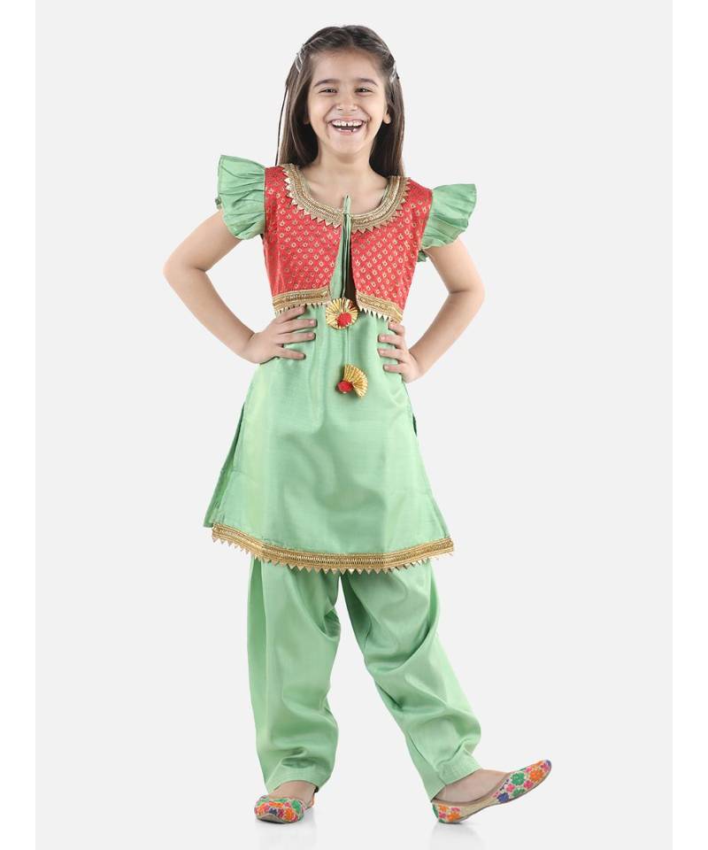 Green Silk  stitched printed   GIRS suit with jacket