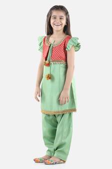 Green Silk  stitched printed   GIRS suit with jacket