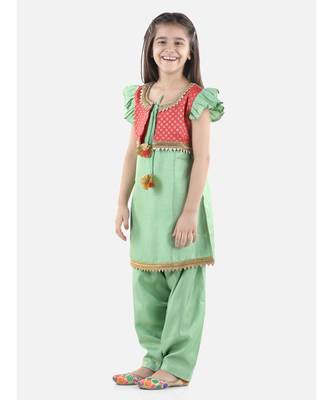 Green Silk  stitched printed   GIRS suit with jacket 1