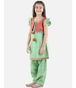 Green Silk  stitched printed   GIRS suit with jacket