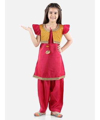 Pink Silk  stitched printed   GIRS suit with jacket 1