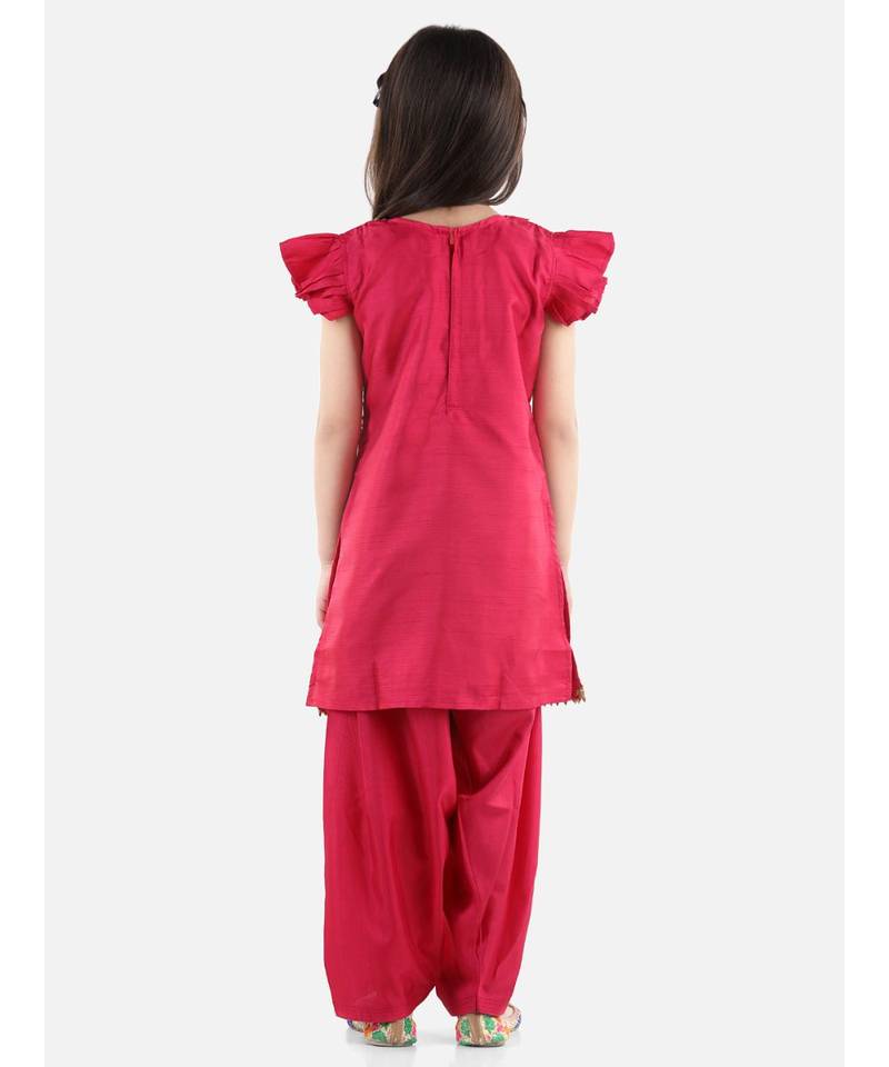 Pink Silk  stitched printed   GIRS suit with jacket