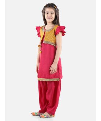 Pink Silk  stitched printed   GIRS suit with jacket 4