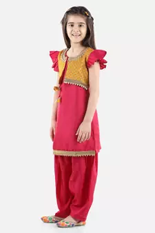 Pink Silk  stitched printed   GIRS suit with jacket