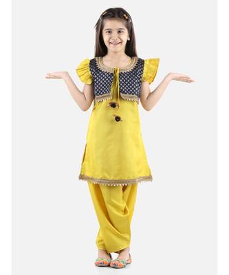 Yellow Silk  stitched printed   GIRS suit with jacket 1