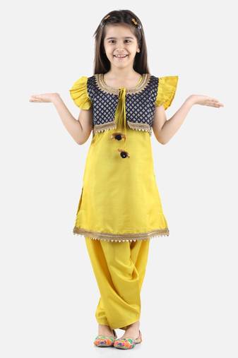 Yellow Silk  stitched printed   GIRS suit with jacket