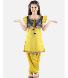 Yellow Silk  stitched printed   GIRS suit with jacket