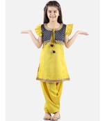 Yellow Silk  stitched printed   GIRS suit with jacket