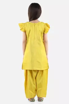 Yellow Silk  stitched printed   GIRS suit with jacket