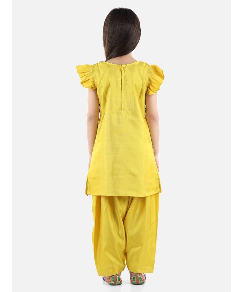 Yellow Silk  stitched printed   GIRS suit with jacket