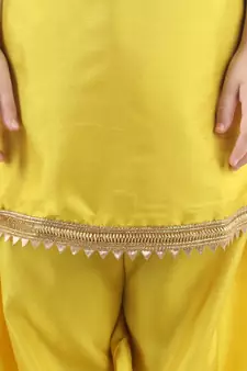 Yellow Silk  stitched printed   GIRS suit with jacket