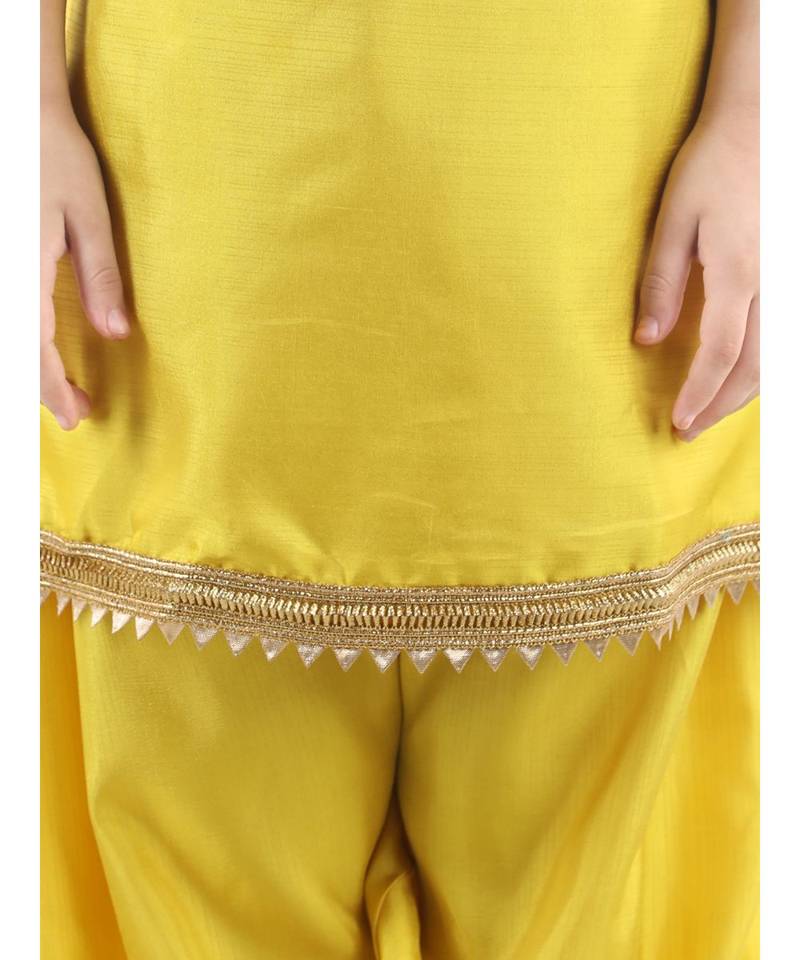 Yellow Silk  stitched printed   GIRS suit with jacket