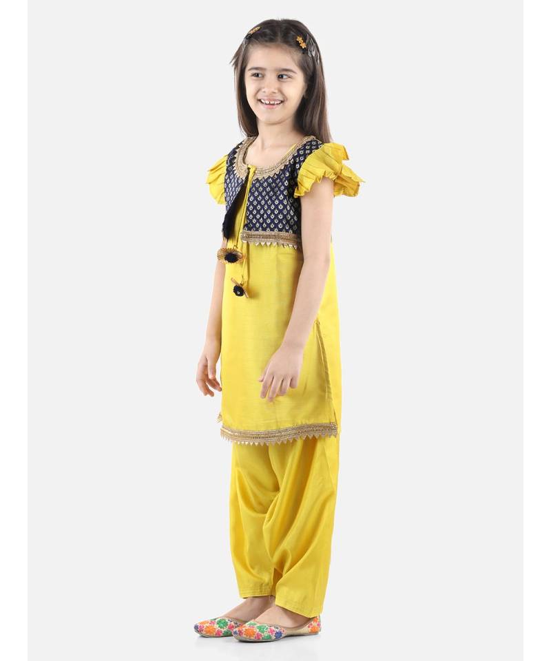 Yellow Silk  stitched printed   GIRS suit with jacket