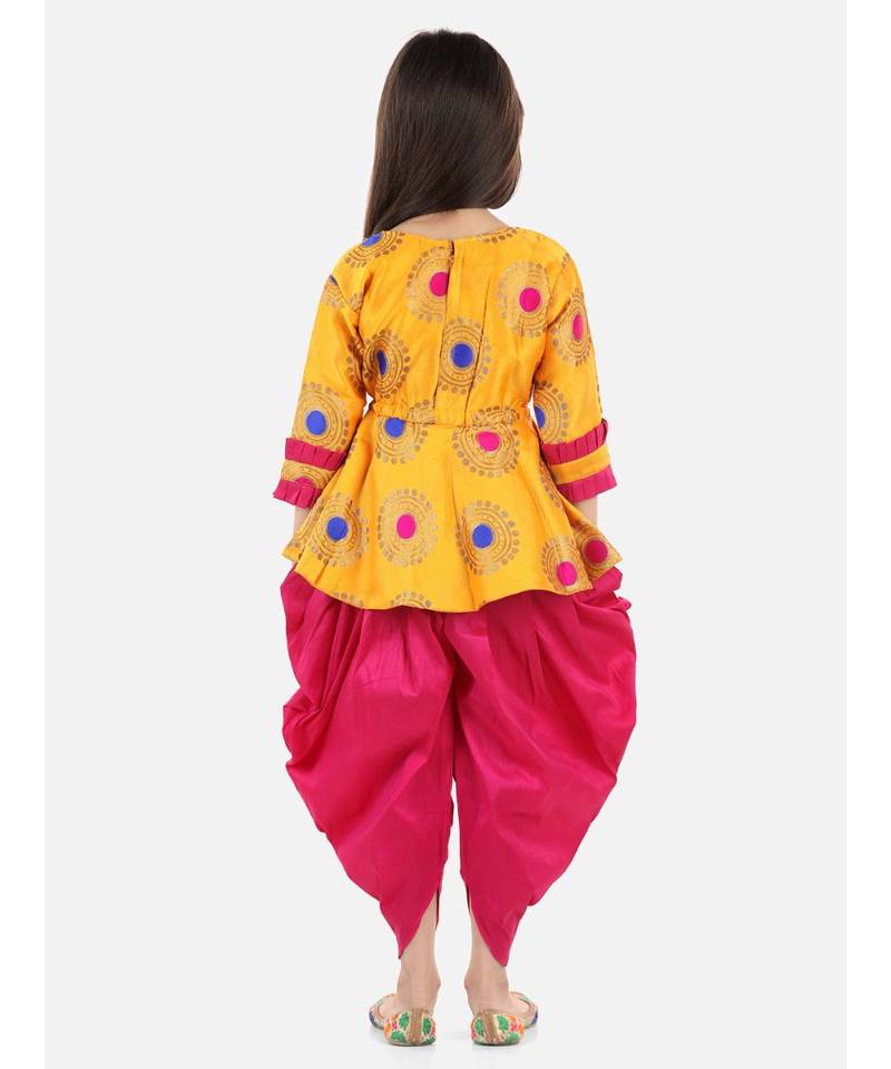 Yellow Jacquard stitched printed   peplum &   dhoti