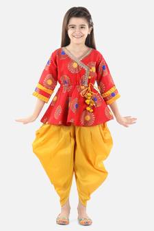 Red Jacquard stitched printed   peplum &   dhoti