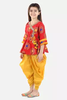 Red Jacquard stitched printed   peplum &   dhoti