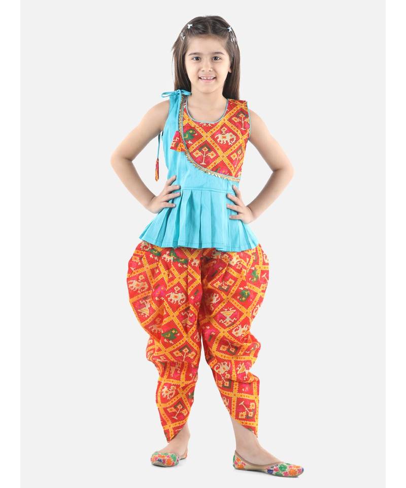 Blue Silk  stitched printed   top &   dhoti