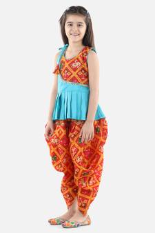 Blue Silk  stitched printed   top &   dhoti