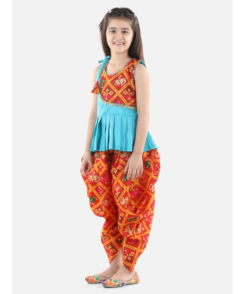Blue Silk  stitched printed   top &   dhoti