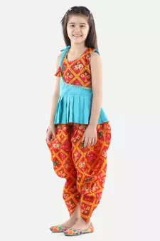 Blue Silk  stitched printed   top &   dhoti