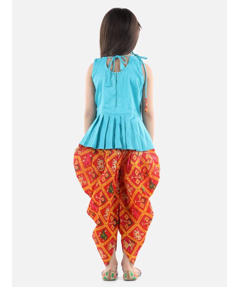 Blue Silk  stitched printed   top &   dhoti