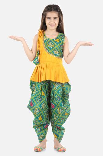 Yellow Silk  stitched printed   top &   dhoti