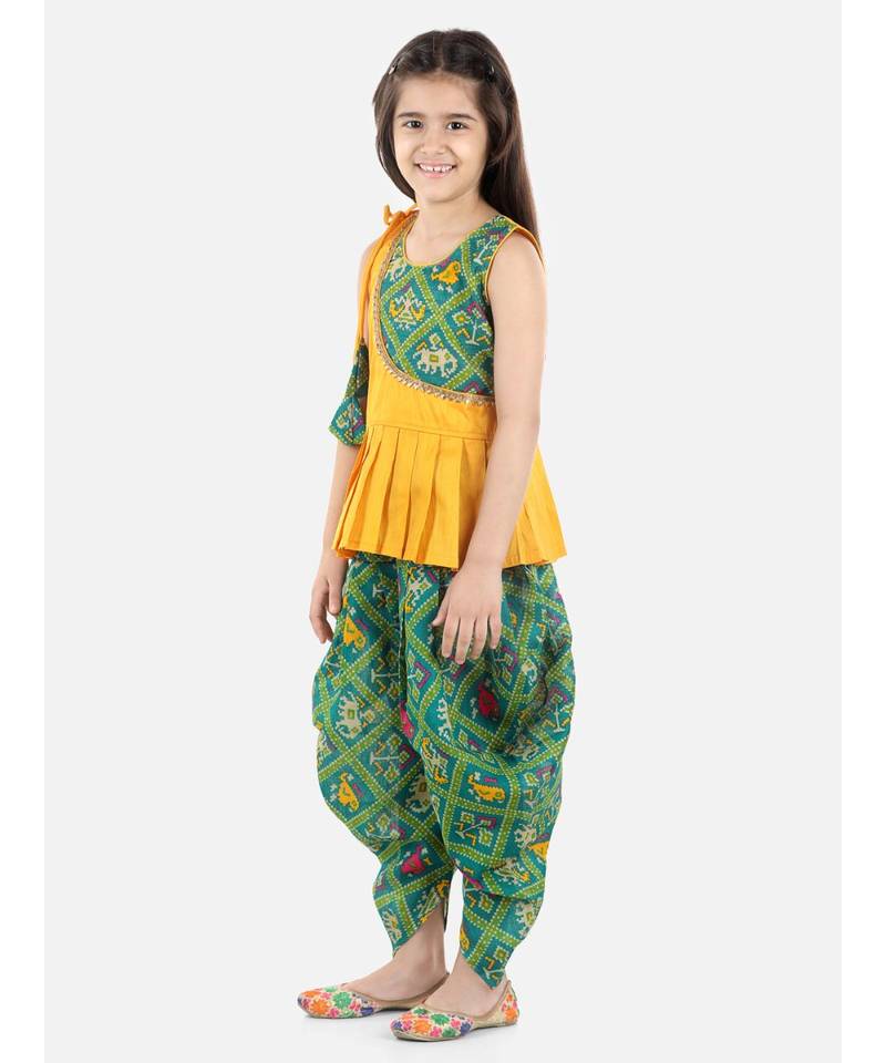 Yellow Silk  stitched printed   top &   dhoti