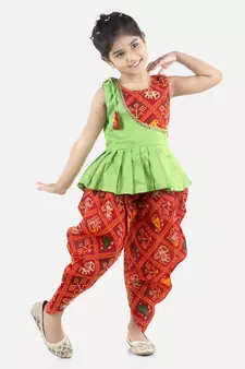Green Silk  stitched printed   top &   dhoti