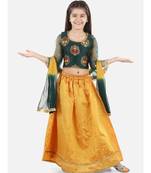 Green  Jacquard Flared Sleeve Top with Silk Lehenga