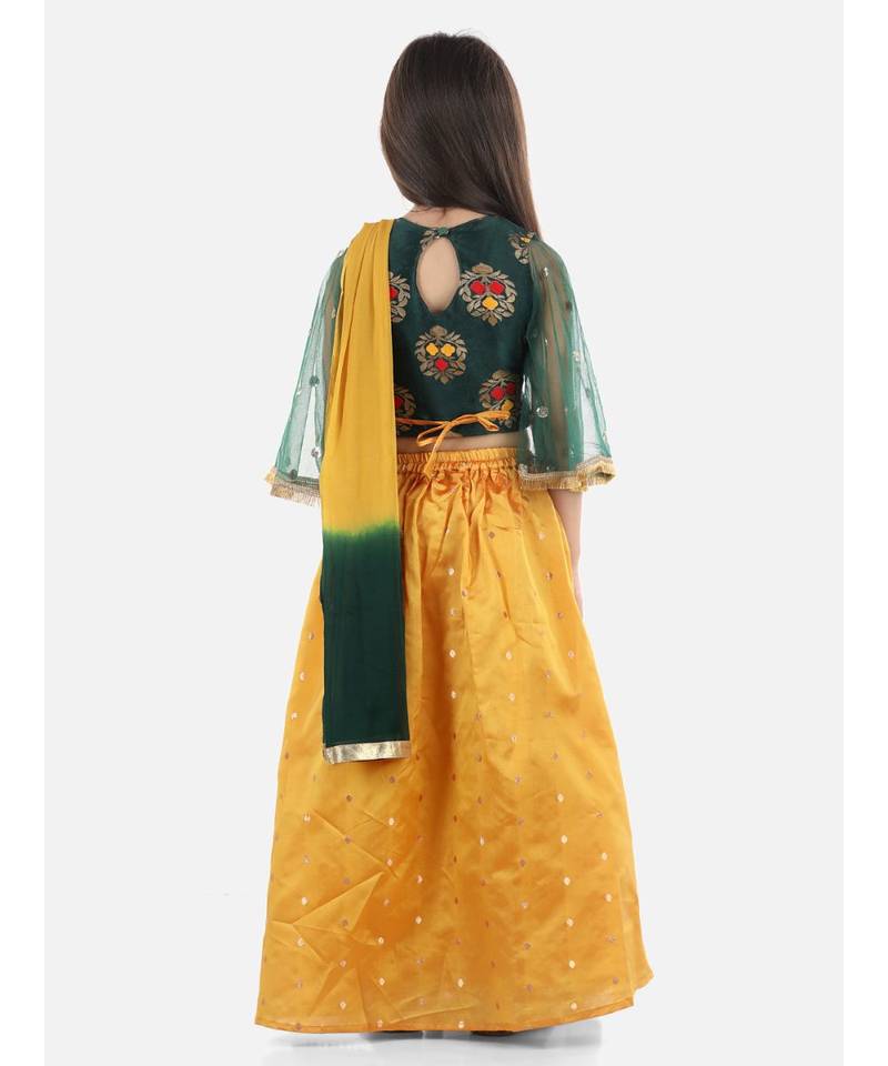 Green  Jacquard Flared Sleeve Top with Silk Lehenga