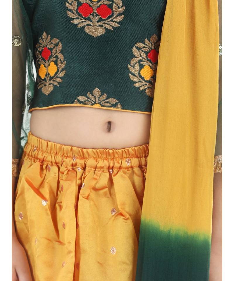 Green  Jacquard Flared Sleeve Top with Silk Lehenga