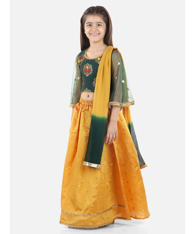 Green  Jacquard Flared Sleeve Top with Silk Lehenga