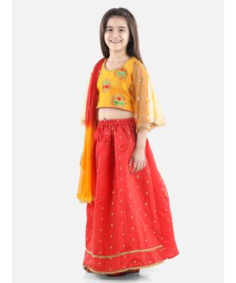Yellow  Jacquard Flared Sleeve Top with Silk Lehenga 1