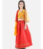 Yellow  Jacquard Flared Sleeve Top with Silk Lehenga
