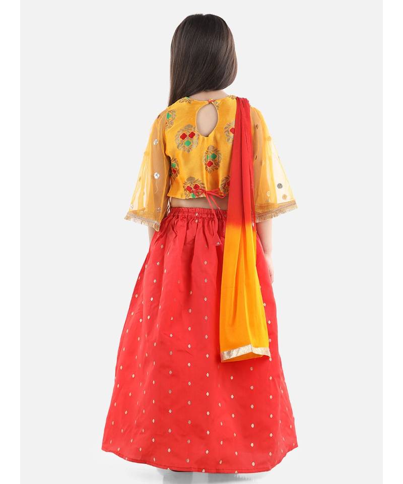Yellow  Jacquard Flared Sleeve Top with Silk Lehenga