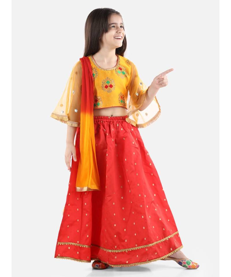 Yellow  Jacquard Flared Sleeve Top with Silk Lehenga