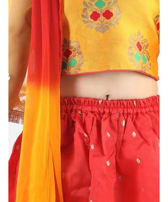 Yellow  Jacquard Flared Sleeve Top with Silk Lehenga 4