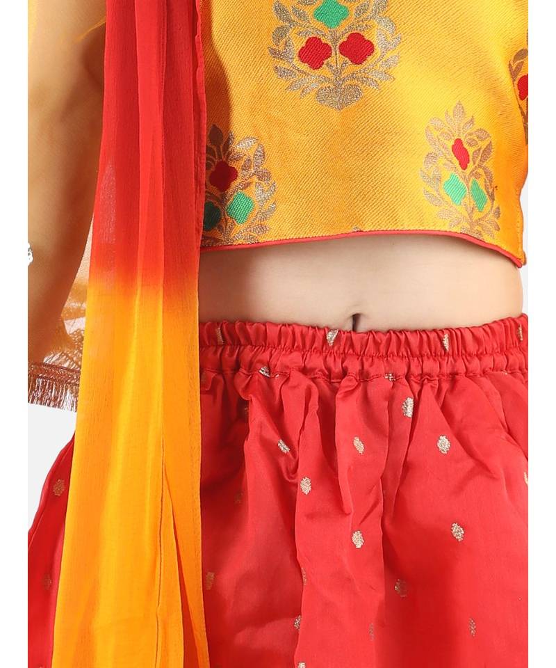 Yellow  Jacquard Flared Sleeve Top with Silk Lehenga