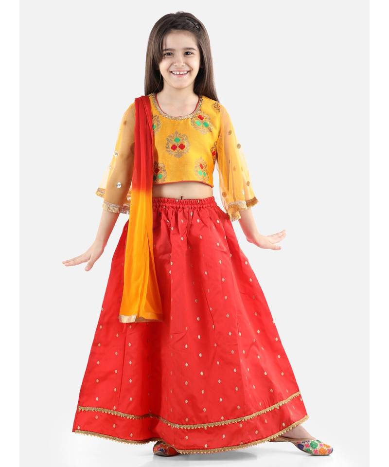 Yellow  Jacquard Flared Sleeve Top with Silk Lehenga