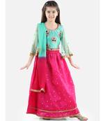 Blue  Jacquard Flared Sleeve Top with Silk Lehenga