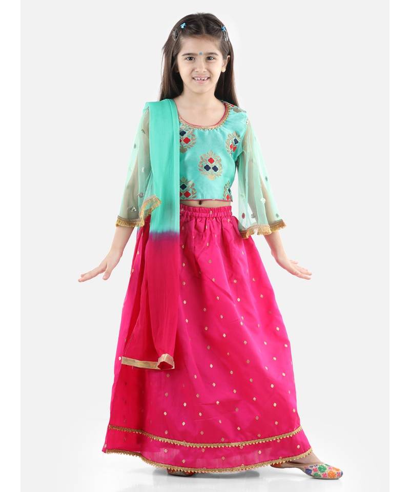 Blue  Jacquard Flared Sleeve Top with Silk Lehenga