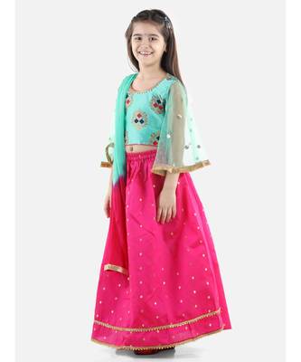 Blue  Jacquard Flared Sleeve Top with Silk Lehenga 3
