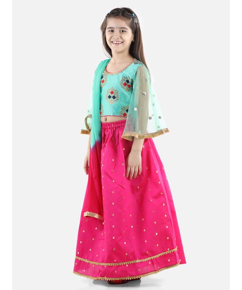 Blue  Jacquard Flared Sleeve Top with Silk Lehenga