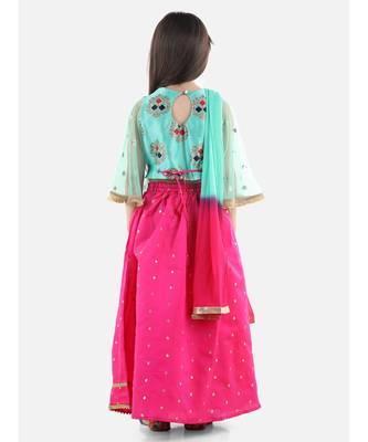 Blue  Jacquard Flared Sleeve Top with Silk Lehenga 4