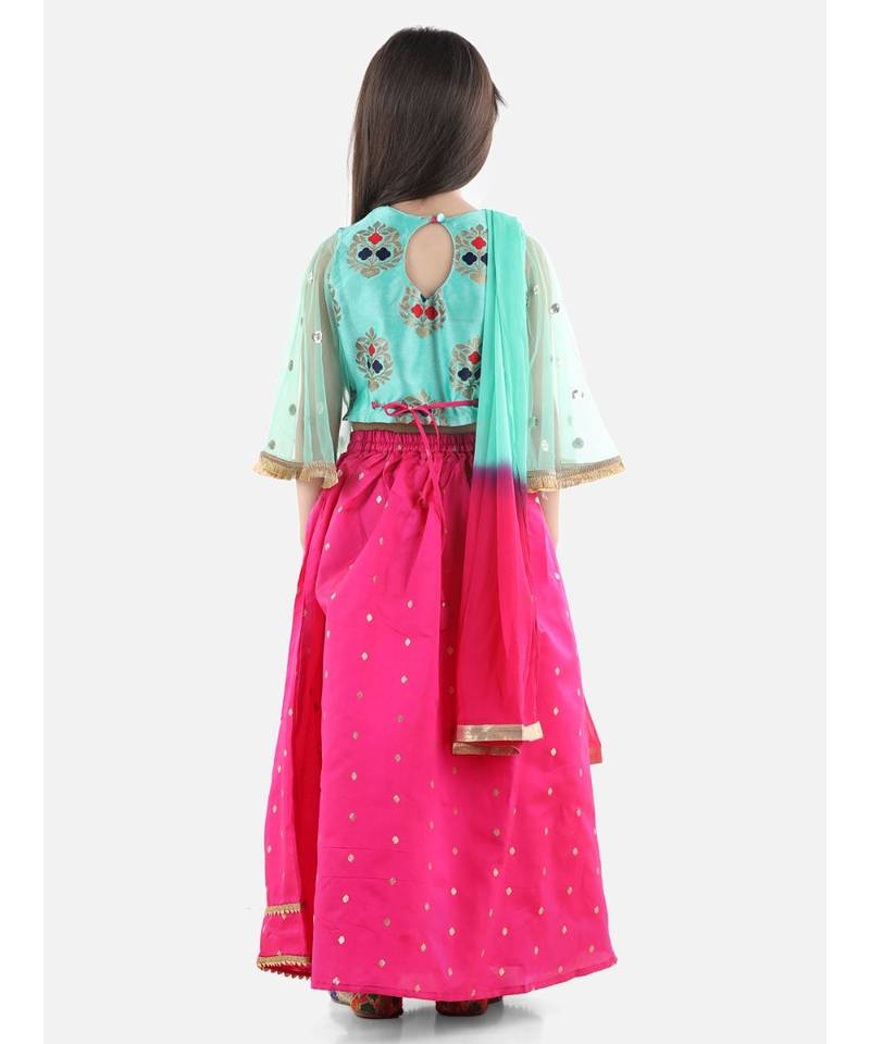 Blue  Jacquard Flared Sleeve Top with Silk Lehenga