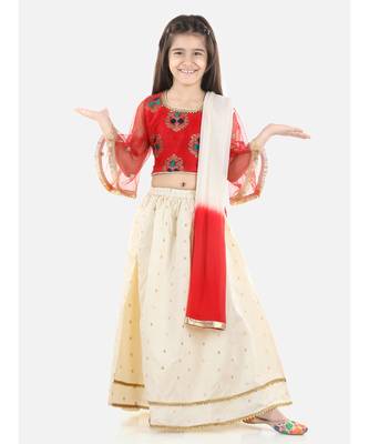 Red  Jacquard Flared Sleeve Top with Silk Lehenga 1