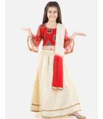 Red  Jacquard Flared Sleeve Top with Silk Lehenga