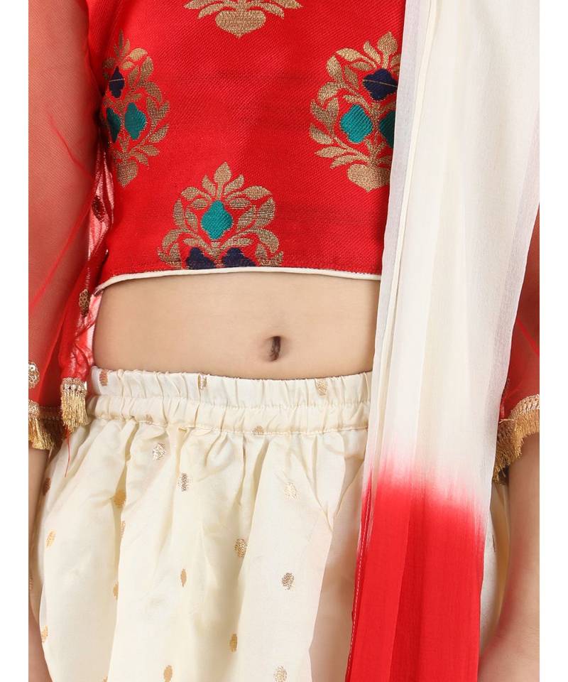 Red  Jacquard Flared Sleeve Top with Silk Lehenga