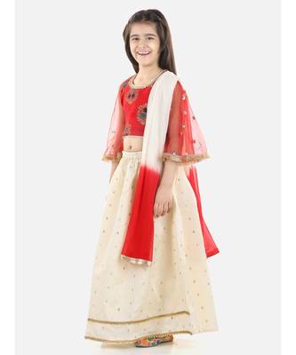 Red  Jacquard Flared Sleeve Top with Silk Lehenga 3
