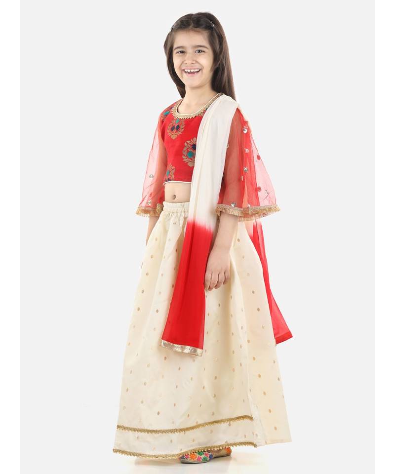 Red  Jacquard Flared Sleeve Top with Silk Lehenga